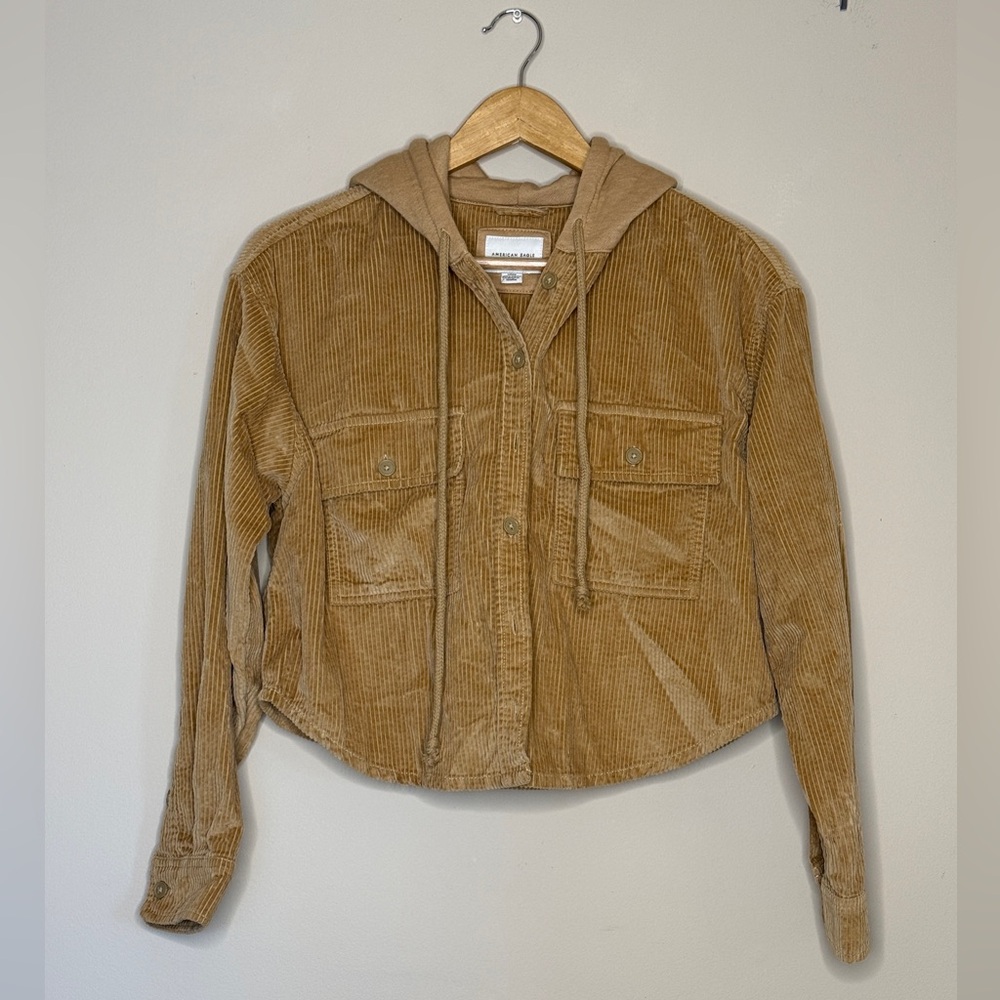 AE Hooded Cropped Corduroy Button-Up Shirt sz S Tan